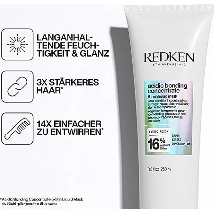 Redken Haarmaske, Pflege-Allrounder mit Zitronensäure und Bonding Care Komplex, Stärkt das Haar und spendet Feuchtigkeit, Vegane Formel, Acidic Bonding Concentrate 5-Min Liquid Mask, 1 x 250 ml – Bild 2