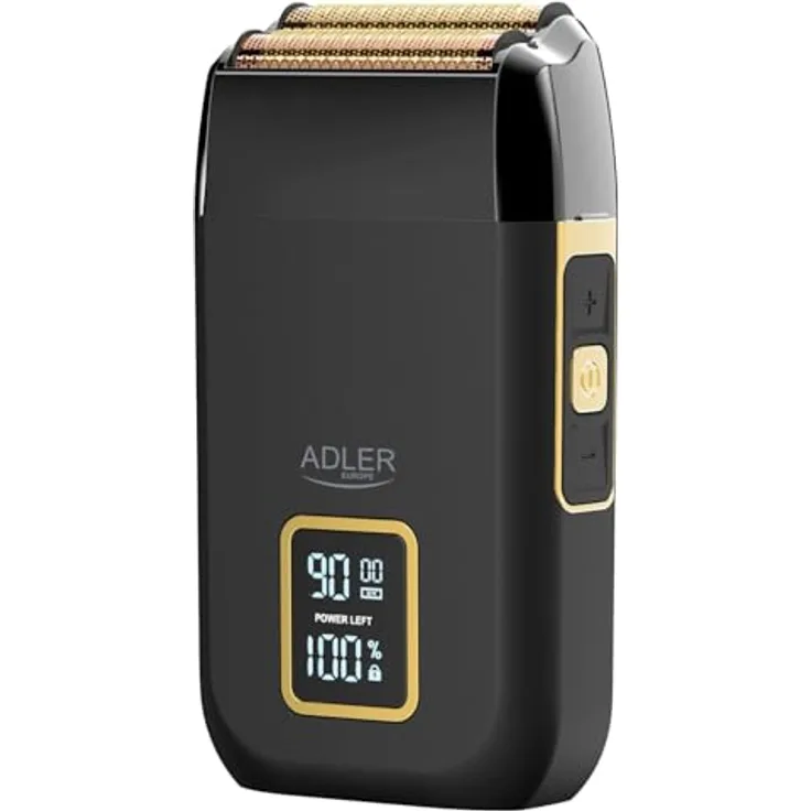 ADLER EUROPE Elektrorasierer AD 2947, Profi-Folienrasierer mit 3 Stufen, LCD-Display, USB-C, Dual-Doppelkopf, Gold/Schwarz, inkl. Reinigungsbürste und Klingenschutz