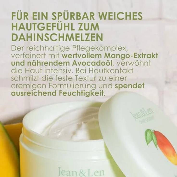 Jean & Len Exotische Body Butter Mango & Avocado, intensive Pflege für trockene Haut, pH-hautideal, ohne Parabene & Silikone, 200 ml – Bild 4