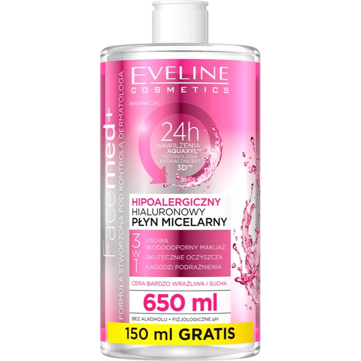 Eveline Cosmetics FaceMed+ Mizellenwasser 650 ml, alkoholfreies, reinigendes Gesichtsreinigungsmittel mit feuchtigkeitsspendender Wirkung und effektiver Make-up-Entfernung
