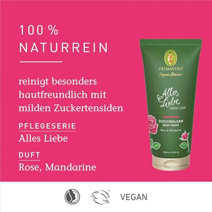 Primavera Alles Liebe Duschbalsam, Duschgel 200 ml mit Bio-Orangenblütenwasser, Rosenöl und Mandarinenöl für Damen – Bild 3