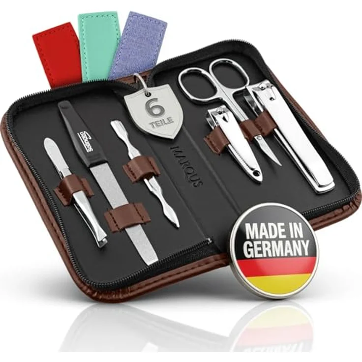 marQus Maniküre Set Solingen, 6-teiliges Nagelset aus glänzendem nickelfarbenem Stahl im Kunst-Leder Etui, ideal für Hand- & Fußpflege, reisefreundlich – Bild 1