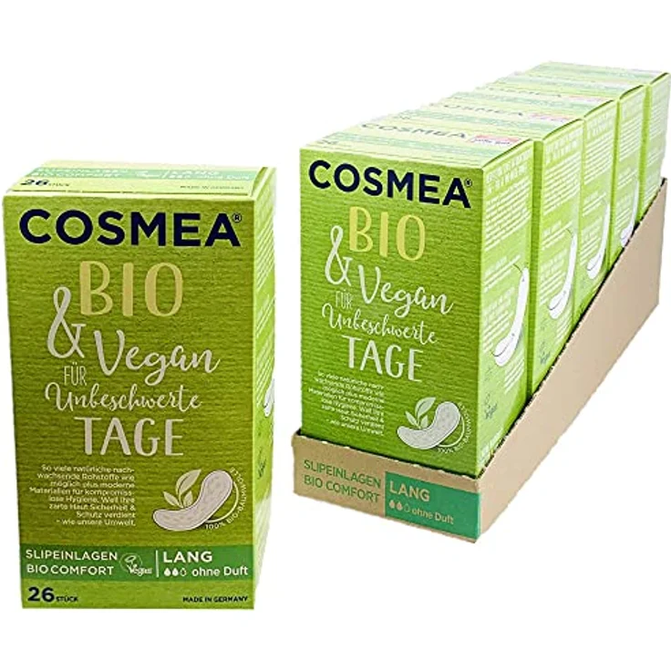 COSMEA Bio & Vegan Slipeinlagen Lang aus Bio-Baumwolle, ohne Chemie & ohne Tierversuche, atmungsaktiv, für leichte Menstruation 26 Stück – Bild 4