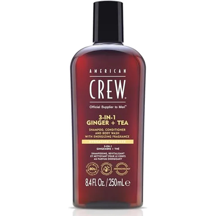 AMERICAN CREW 3-in-1 Ginger & Tea Shampoo, Conditioner & Body Wash, 250ml - Pflegeshampoo und Duschgel für Männer, belebender Duft von Ingwer & Tee