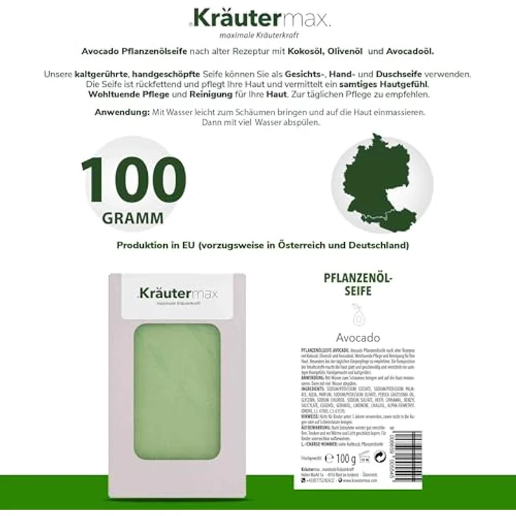 Kräutermax Avocado Seife | Kaltgerührt und handgemacht mit Avocadoöl 100 g – Bild 2