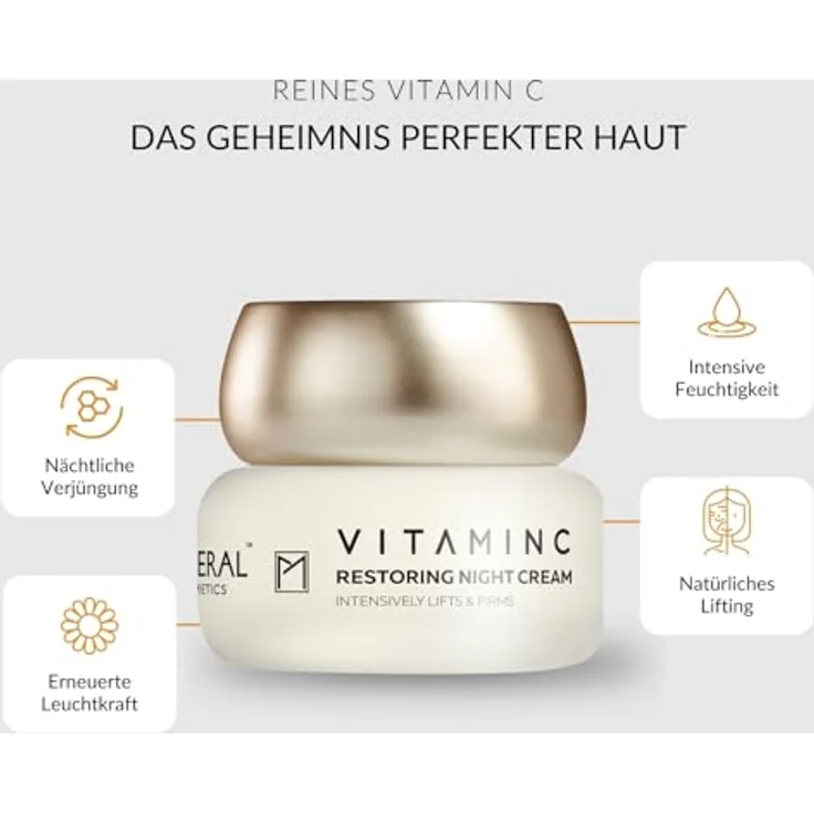 M PURE MINERAL DEAD SEA COSMETICS Pure Mineral Restaurative Nachtcreme, Vitamin C für alle Hauttypen, Lifting und Straffend, mineralien aus dem Toten Meer, 50ml, ohne Silikone, Sulfate, Parabene – Bild 2
