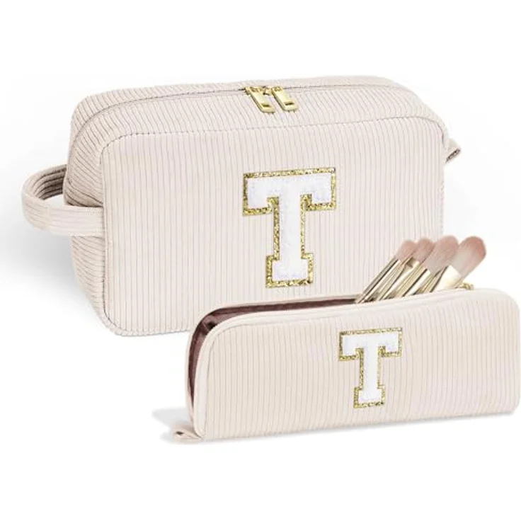 Parima Cord Make-up Tasche, personalisierte Kosmetiktasche für Frauen, 2-teilig, klein und groß, mit Buchstaben T, ideal für Reisen, 25 x 15 x 9 cm und 22 x 9 cm – Bild 1