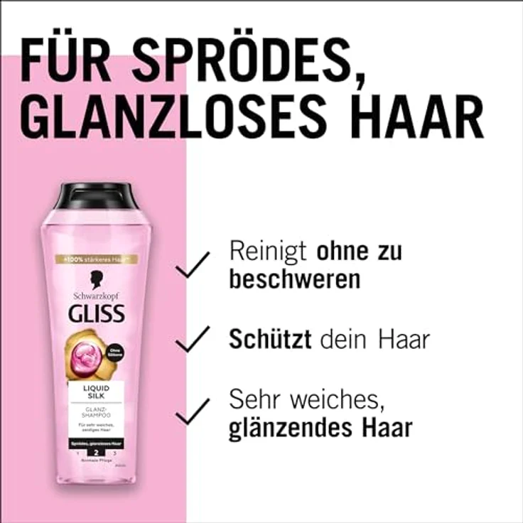 Gliss Shampoo Liquid Silk (250 ml), Haarshampoo mit Ceramiden & Seide, Glanz-Shampoo für sprödes und stumpfes Haar, glättet die Haaroberfläche – Bild 4