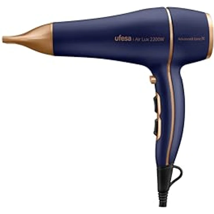 Ufesa Air Lux Professioneller Haartrockner, 2200 W AC-Motor, inkl. Diffusor und Konzentrator, 2 Geschwindigkeiten, 3 Temperaturen, Kaltluftstoß, Blau/Gold – Bild 3