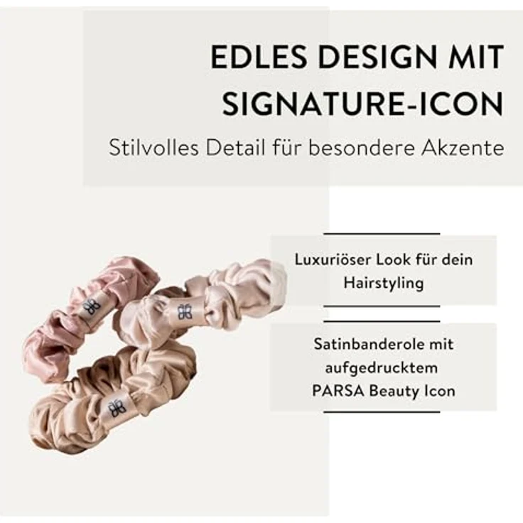 PARSA Beauty Signature Zopfhalter Set, luxuriöse Haargummis aus Satin in Nude & Rosé, sanft zum Haar, elegantes Design, ideales Accessoire für stilvolle Frisuren – Bild 4