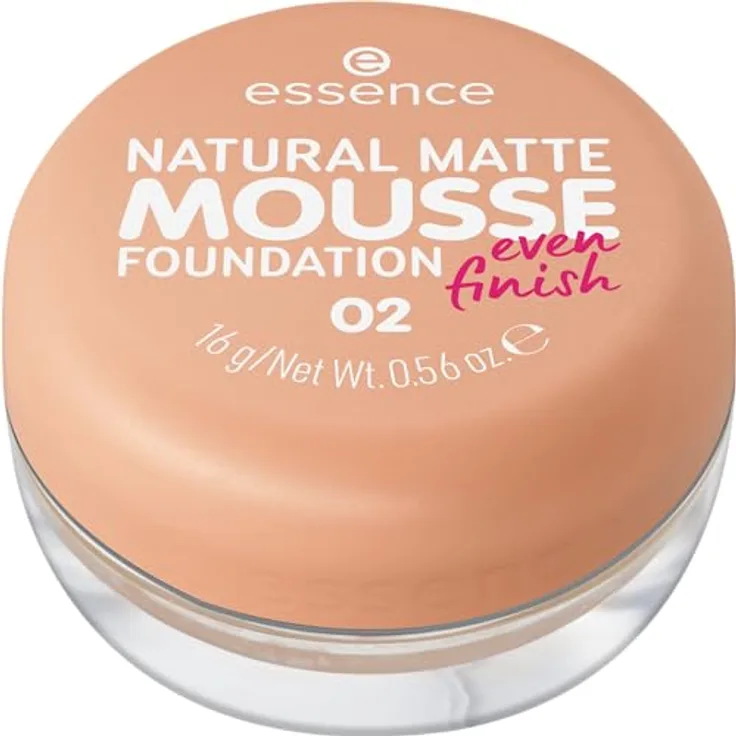 essence cosmetics NATURAL MATTE MOUSSE FOUNDATION, Nr. 02, Nude, mattierend, abdeckend, Expressergebnis, matt, vegan, ölfrei, ohne Parfüm, ohne Alkohol, 1er Pack (16g)