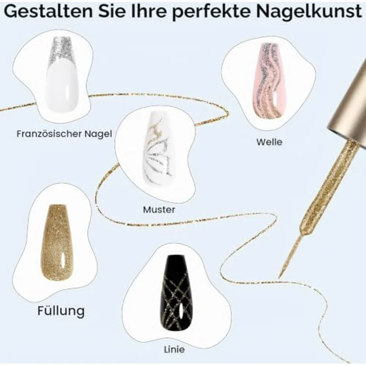 AIMEILI Gel Liner Nail Art Set, 2PCS Silber Gold 8ml Glitter für UV/LED, feiner Pinsel für DIY Nageldesigns – Bild 3