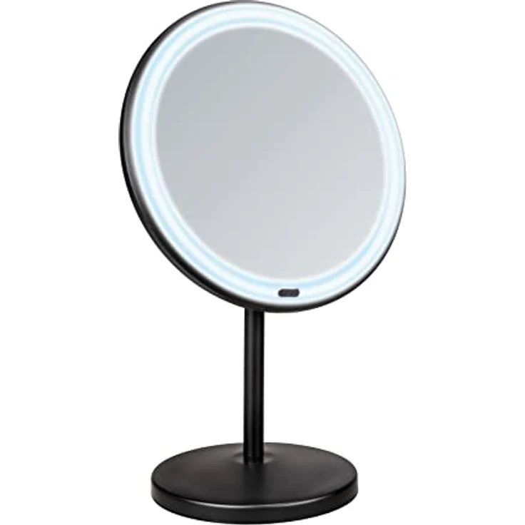 WENKO LED Stand-Kosmetikspiegel Onno, dimmbarer Spiegel mit LED-Beleuchtung und 5-fach Vergrößerung, Ein-/Ausschalten per Touch-Funktion, Betrieb mit Batterien oder USB-Kabel, 20x34x13,5 cm, Schwarz – Bild 1