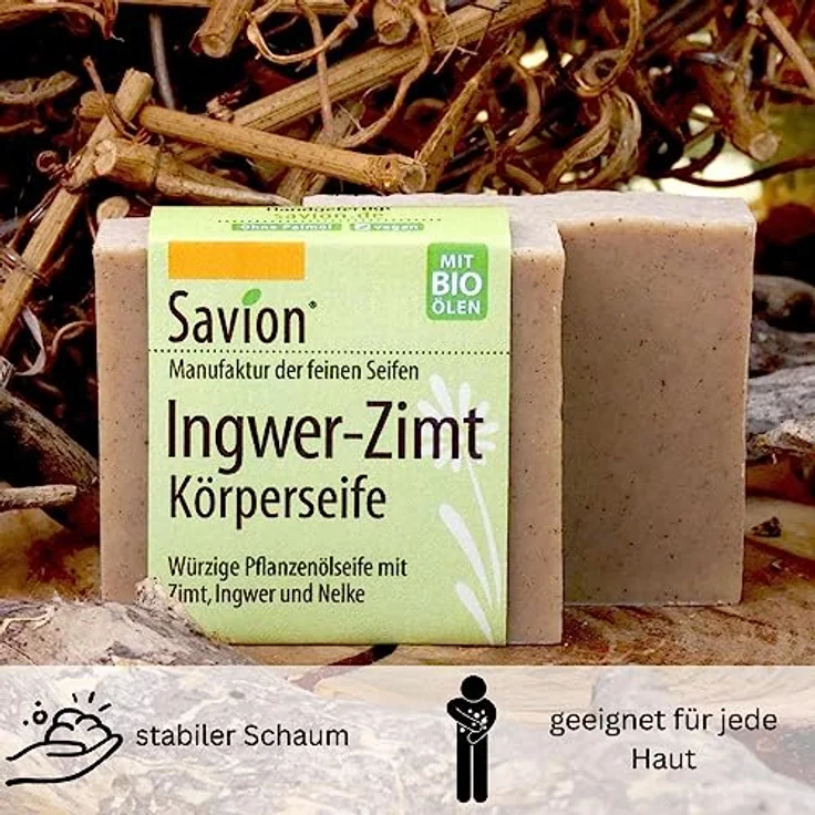 Savion Ingwer-Zimt Körperseife, Würzige Pflanzenölseife, Palmölfrei, Vegan, Tierversuchsfrei, 80g – Bild 5
