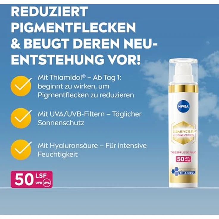 NIVEA LUMINOUS630 Anti-Pigmentflecken Tagespflege Fluid mit LSF 50, Thiamidol, Hyaluronsäure & Vitamin E, 40 ml – Bild 2