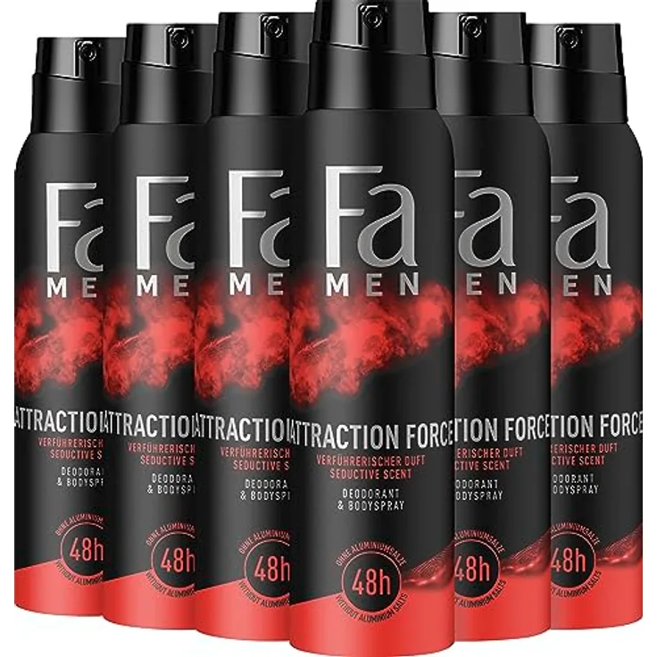 Fa Deospray Men Attraction Force, 6er Pack, 150 ml pro Flasche, 48h Deo-Schutz, vegane Formel