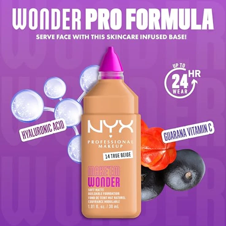 NYX Professional Makeup Make 'EM Wonder Foundation, Soft Matte aufbaubare Foundation für ebenmäßigen Hautton, 14 True Beige – Bild 4