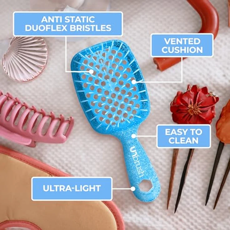 UNbrush Glitter Collection Mini Haarbürste, Detangler in Sapphire, unisex, sanftes Entwirren ohne Ziepen für unterwegs – Bild 7