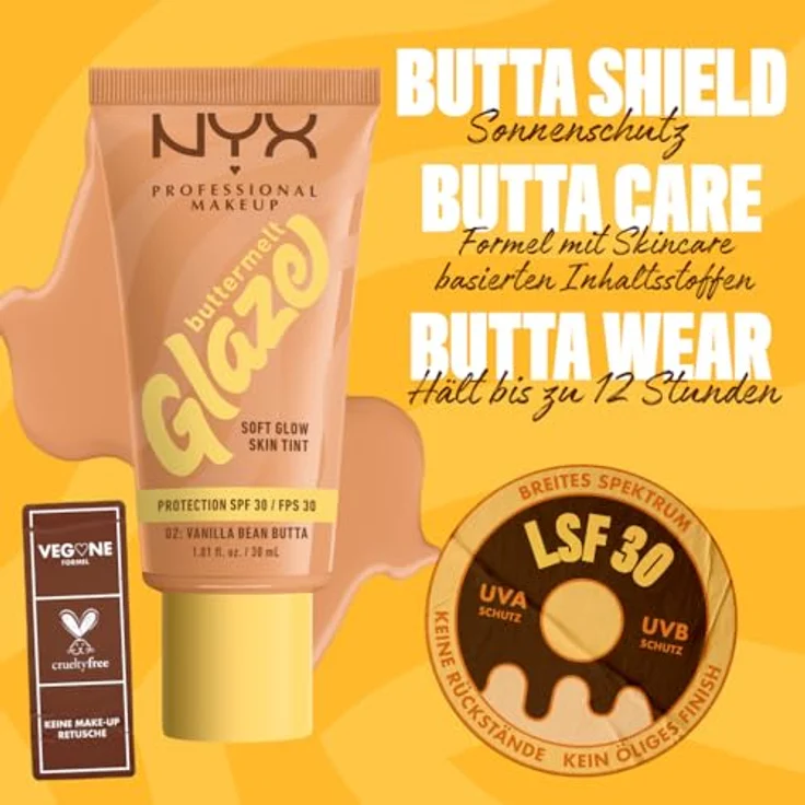 NYX PROFESSIONAL MAKEUP Buttermelt Glaze Foundation, LSF 30, 30 ml, Farbton: 02 Vanilla Bean Butta, mit Sheabutter, Mangobutter und Niacinamide – Bild 4