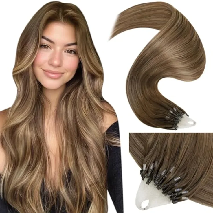 LaaVoo Microring Extensions Echthaar 50g, Balayage Braun #8/16/8, 45cm, unsichtbar mit Microring, wiederverwendbar, Remy Echthaar