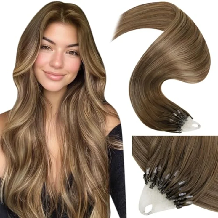LaaVoo Microring Extensions Echthaar 50g, Balayage Braun #8/16/8, 45cm, unsichtbar mit Microring, wiederverwendbar, Remy Echthaar – Bild 1