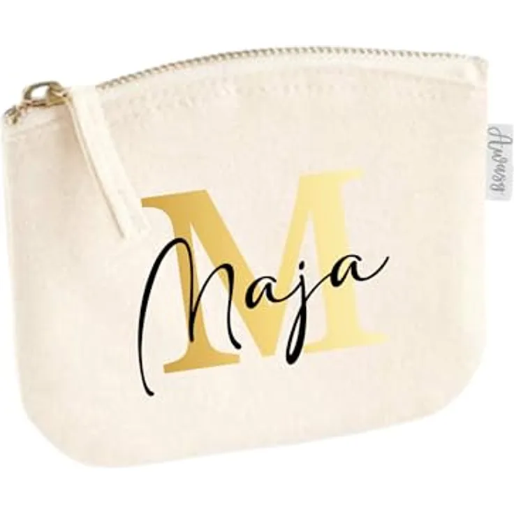 minimutz Schminktasche für Mädchen mit Name, personalisierte Kosmetiktasche mit Initiale, S (14 x 11 cm), beige, hochwertiger Flexdruck, 100% Baumwolle