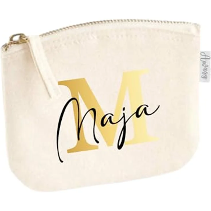 minimutz Schminktasche für Mädchen mit Name, personalisierte Kosmetiktasche mit Initiale, S (14 x 11 cm), beige, hochwertiger Flexdruck, 100% Baumwolle – Bild 1