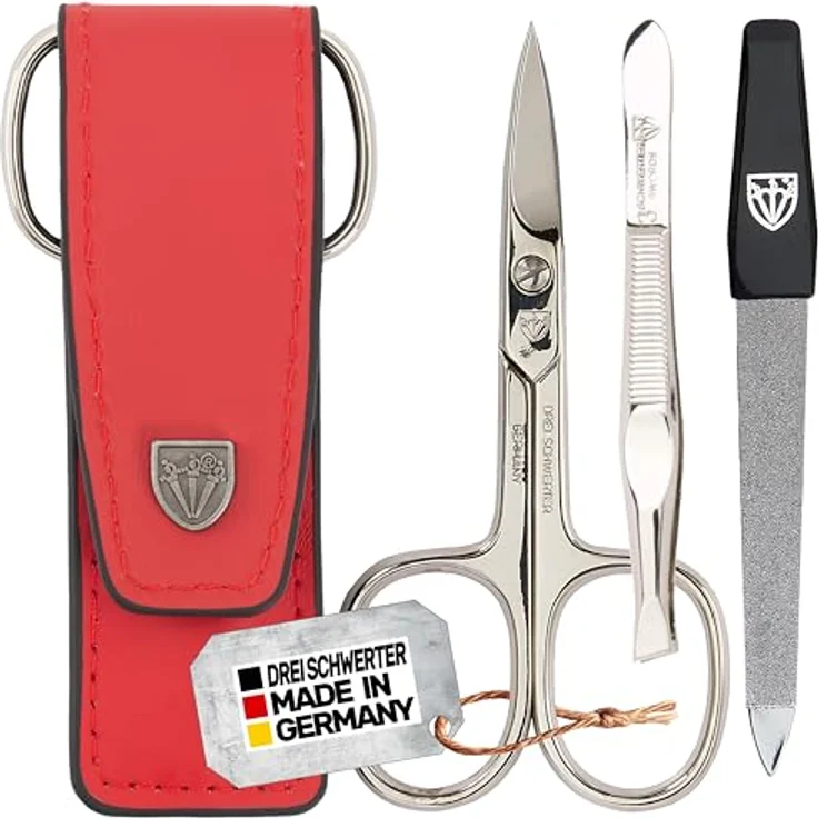 DREI SCHWERTER 3-tlg. Nagelpflegeset 'Venezia', Echtleder Nageletui in Rot, inkl. Nagelschere, Pinzette, Saphirnagelfeile, MADE IN GERMANY – Bild 1
