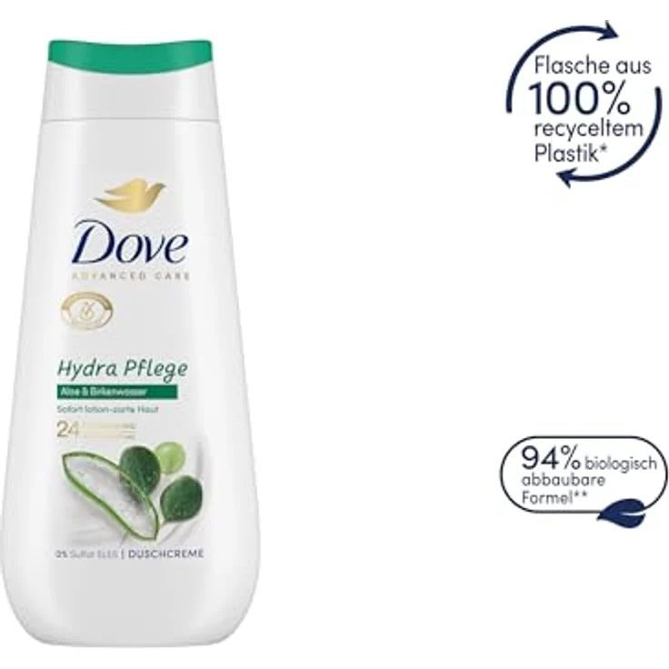 Dove Advanced Care Duschcreme Hydra Pflege mit 24h Renewing MicroMoisture für sofort lotion-zarte Haut 225 ml, mit Aloe und Birkenwasser – Bild 5