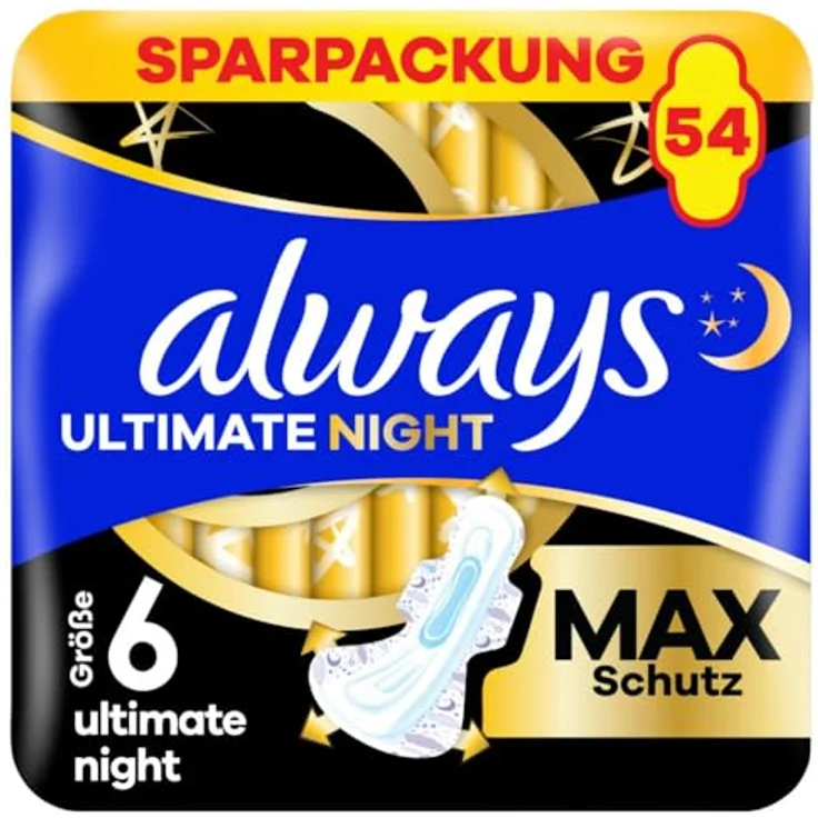 Always Ultimate Night Damenbinden (Größe 6) mit Flügeln, 54 Stück, super saugfähig, LeakGuard-Technologie, ComfortFit-System – Bild 1