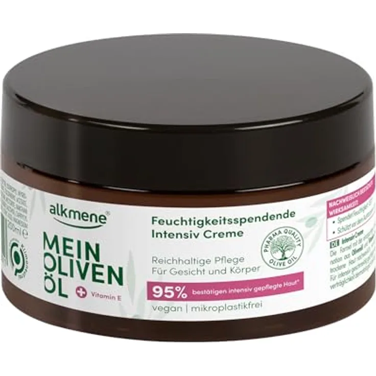 Alkmene Intensiv Hautcreme trockene Haut 200 ml - Vegan, mit Olivenöl, 95% bestätigen gepflegte Haut