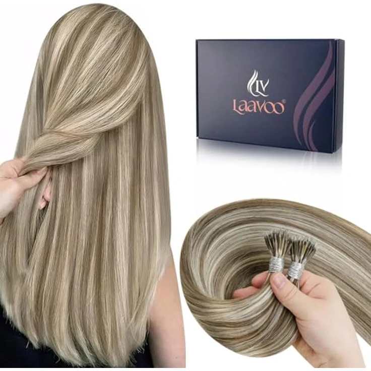 LaaVoo Nanoring Extensions Echthaar 35 cm Hellbraun mit Hellblond, 50G/50S, Kaltfusion, Remy, glatt, kein Haarbruch – Bild 1