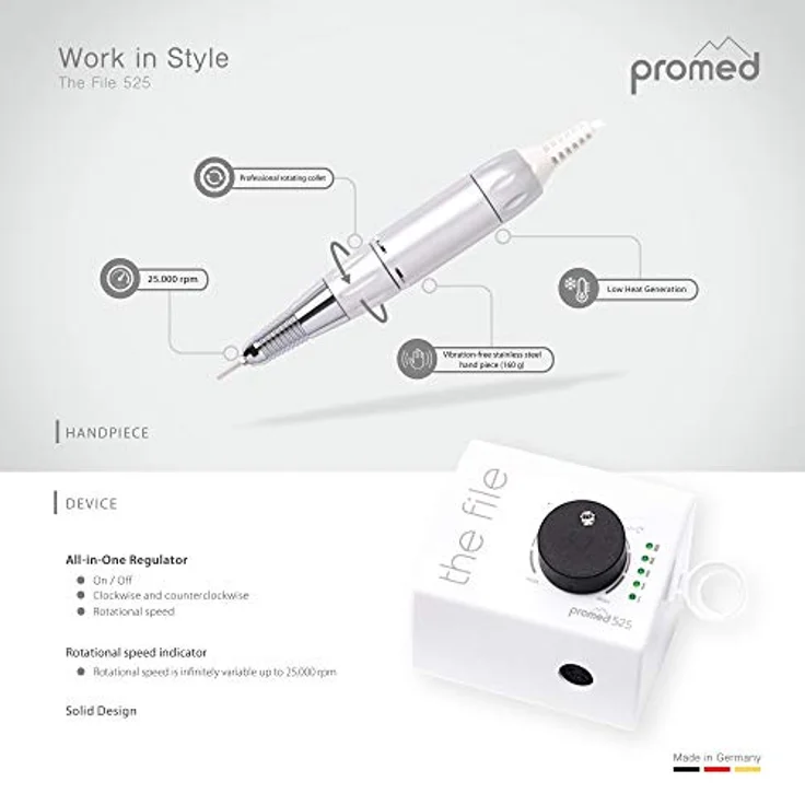 Promed the file 525 elektrische Nagelfeile, Nagelfräser für Nail art und Nageldesign, Gel Acryl Naturnägel, Maniküre Pediküre Hornhautentfernung 25000 U/min – Bild 5