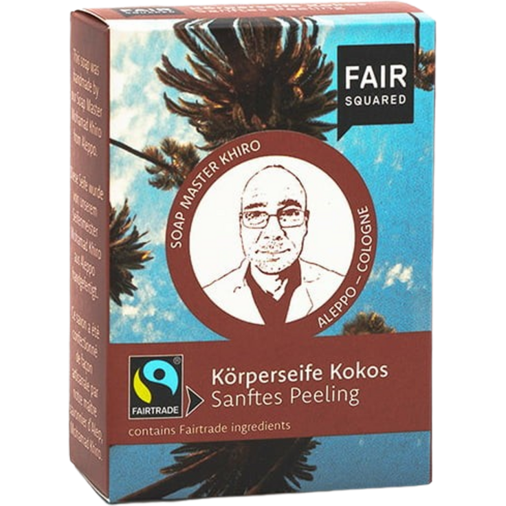 FAIR SQUARED Body Soap Coconut Soft Peeling, Handseife mit sanftem Scrub-Effekt, 80 g