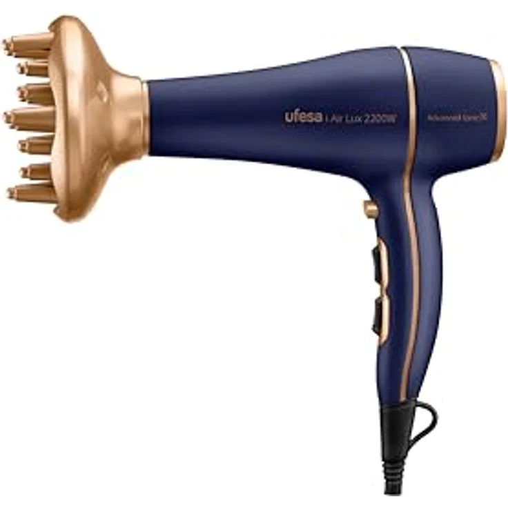Ufesa Air Lux Professioneller Haartrockner, 2200 W AC-Motor, inkl. Diffusor und Konzentrator, 2 Geschwindigkeiten, 3 Temperaturen, Kaltluftstoß, Blau/Gold – Bild 4