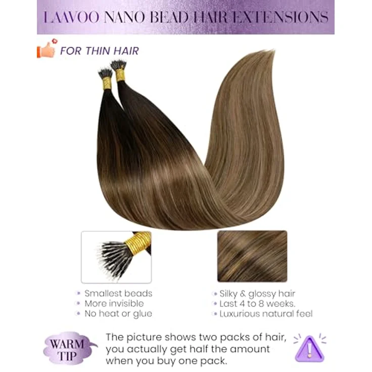 LaaVoo Balayage Echthaar Nanoring Extensions 35 cm, Dunkelstes Braun mit Mittel Braun und Aschblond, Cold Fusion Ombre, 50 Stück/Set – Bild 2