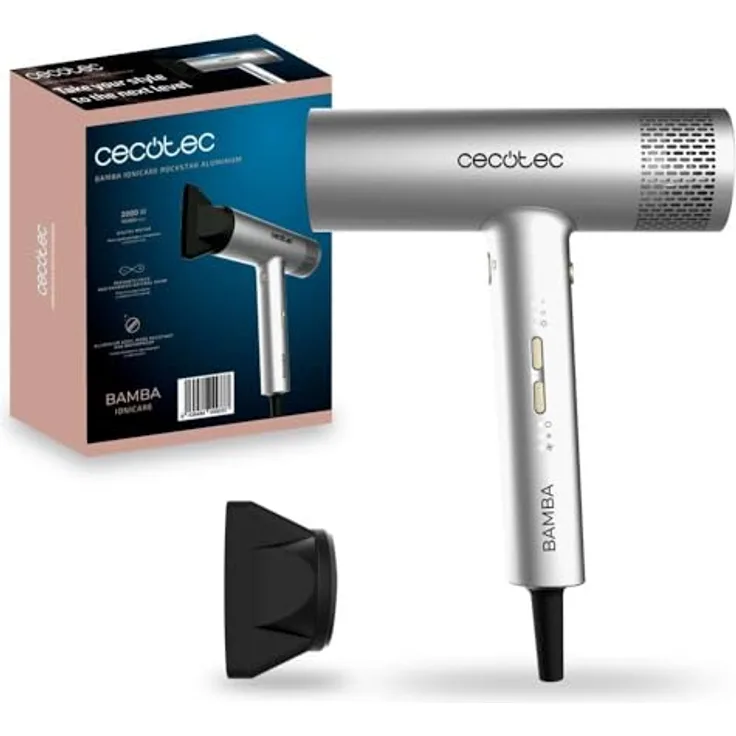 Cecotec Bamba IoniCare RockStar Aluminum, Haartrockner mit digitalem Motor, 2000W, 105.000 U/min, Ionentechnologie, 3 Geschwindigkeiten, 4 Temperaturen, Präzisionsdüse