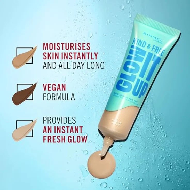 Rimmel London Kind & Free Glow It Up, feuchtigkeitsspendende Hauttönung für Damen, 150 Rose Vanille, leichte Deckkraft, 30 ml – Bild 4