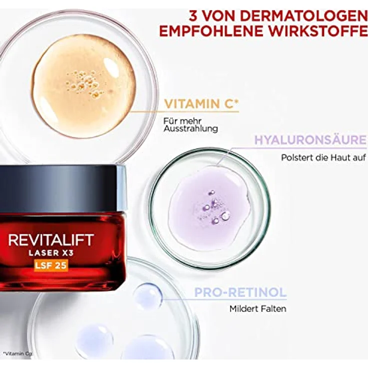 L'Oréal Paris Revitalift Laser X3 Anti-Aging-Tagescreme LSF 25 für Frauen: mildert Falten & strafft die Haut, mit Pro-Retinol, Hyaluronsäure und Vitamin C, 50ml – Bild 2