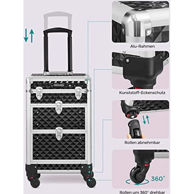 SONGMICS Kosmetikkoffer Trolley, Schminkkoffer 2 Schubladen, Friseurkoffer groß, Make-up Koffer, 34 x 24 x 56 cm, Rollen 360° drehbar, Reisen, Friseure, Geschenkidee, schwarz JHZ08BK – Bild 5