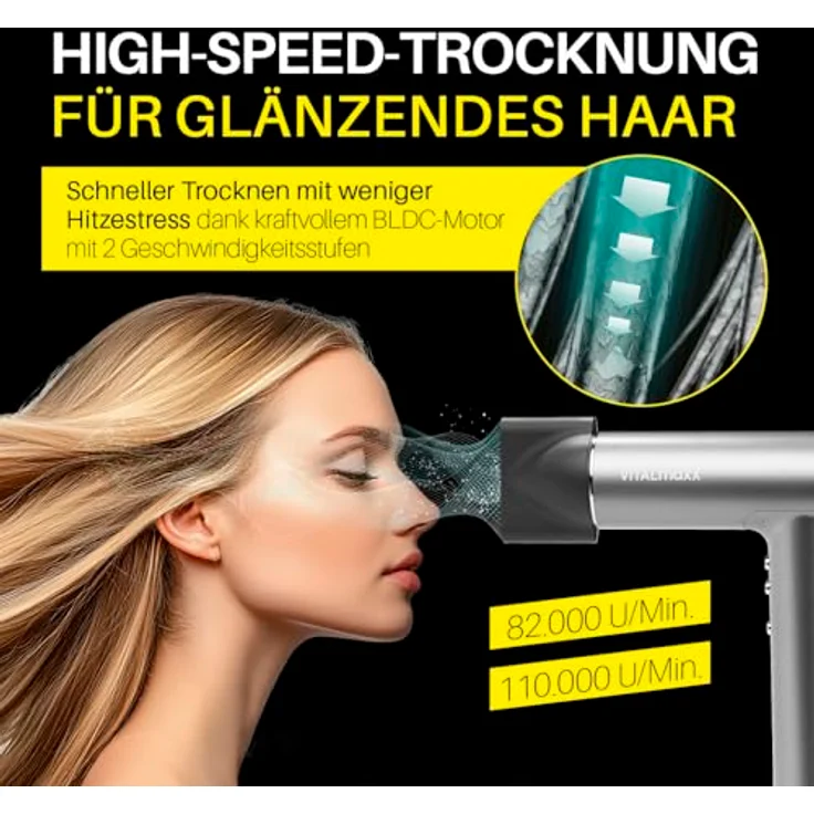 VITALmaxx STYLE & SHINE Slim Hairdryer, Ionen Föhn mit BLDC-Motor, 1500W, 3 Temperaturstufen, 2 Geschwindigkeiten, 2 Aufsätze und digitales Display, extra leise – Bild 5