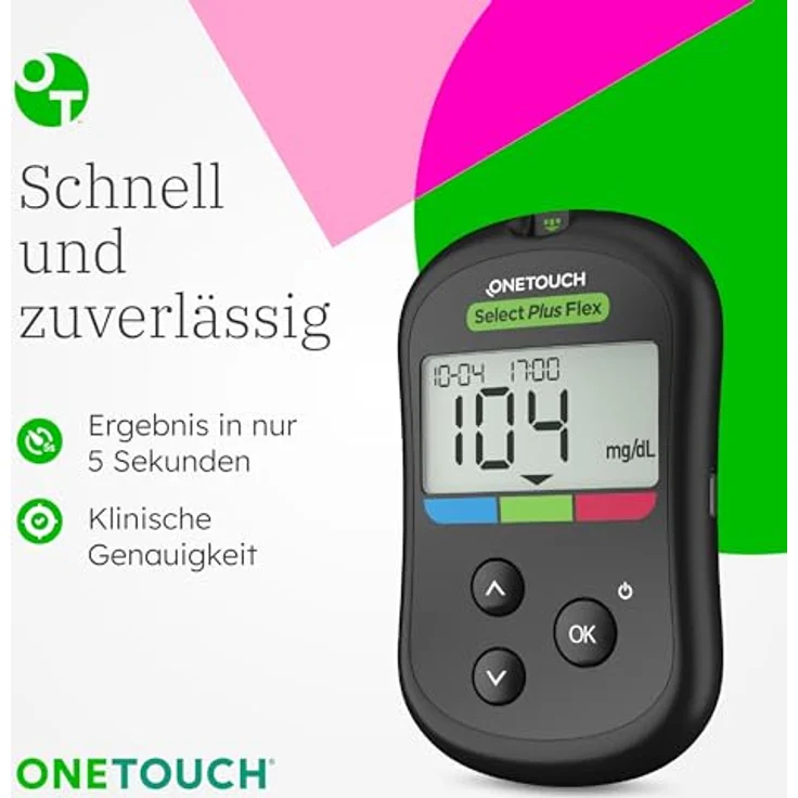 OneTouch Select Plus Flex® Blutzuckermessgerät, tragbares Blutzucker-Testset mit 10 Teststreifen, Stechhilfe, Lanzetten & Etui, mg/dL – Bild 5