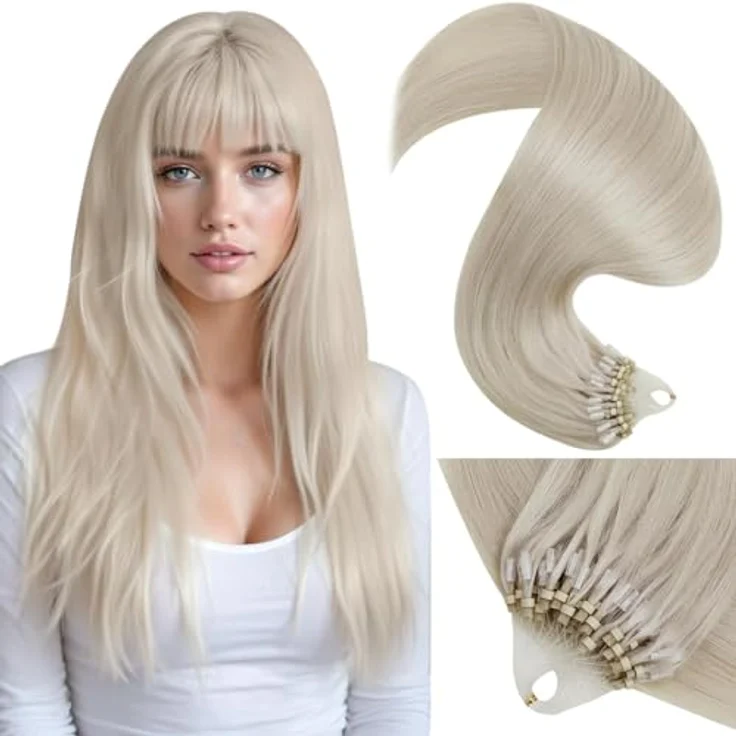 LaaVoo Blond Echthaar Extensions Microrings 1g/s, Platinblond 55cm, wiederverwendbar, hitzestyling-fähig, 50g – Bild 1