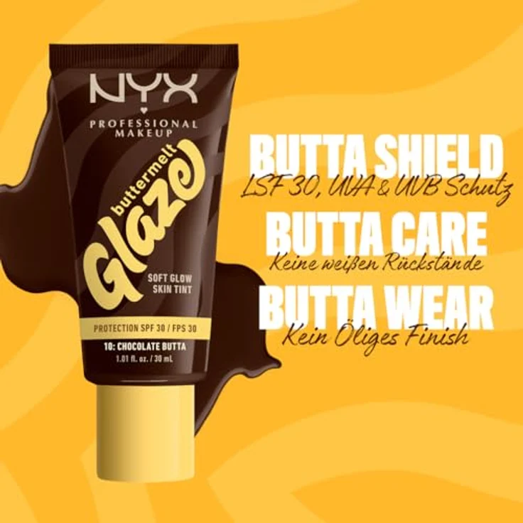 NYX PROFESSIONAL MAKEUP Buttermelt Glaze Foundation, LSF 30, 30 ml, Farbton: 10 Chocolate Butta, mit Sheabutter, Mangobutter und Niacinamide – Bild 3