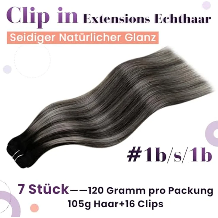LaaVoo Echthaar Extensions Clip Ombre 55cm, Schwarz Silber Balayage, Doppelt Tressen 7PCS 120g #1b/s/1b – Bild 3