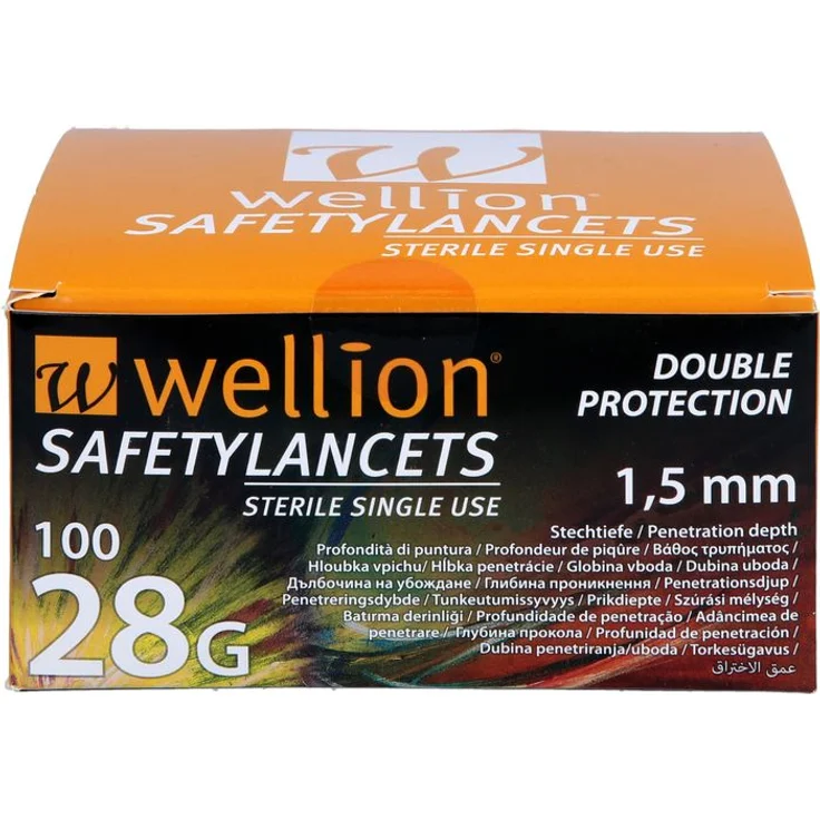 WELLION Safetylancets 28 G Sicherheitseinmallanz, sterile Einweglanzen für Blutentnahme, 100 Stück