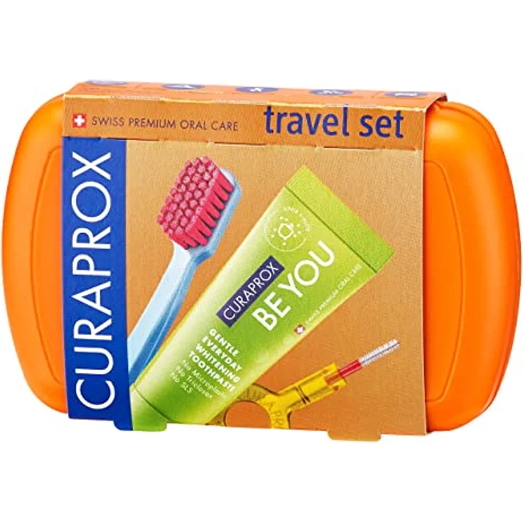 Curaprox Travel Set, Kosmetik-Reiseset für Zähne, Zunge und Zahnfleisch, orange, mit Zahnbürste und Zahnpasta 10 ml – Bild 1