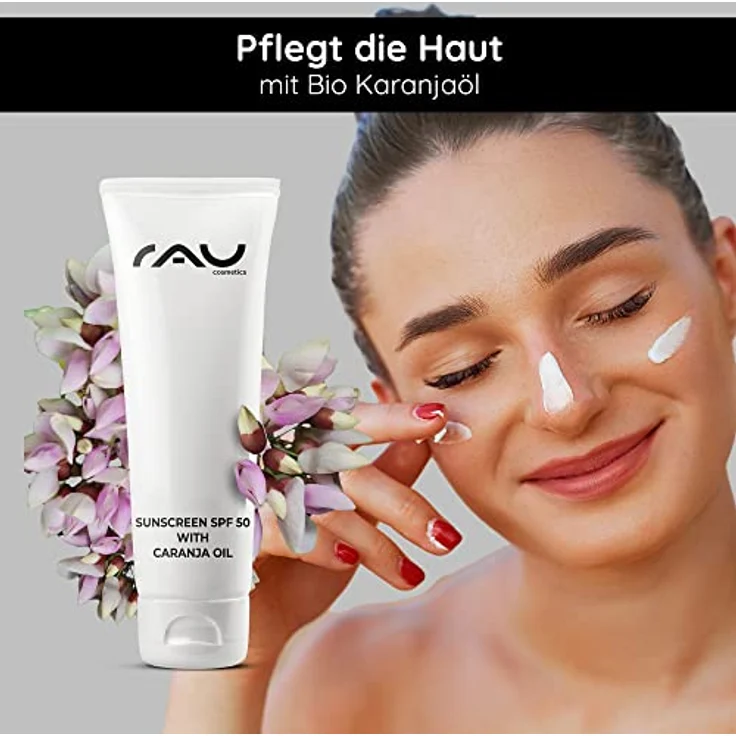 RAU Cosmetics 2in1 Sunscreen SPF50 with BIO-Karanja-oil 75 ml - Sonnenschutz Creme Gesicht mit Karanja Öl LSF50, pflegt, schützt und lindert Juckreiz gegen Unreinheiten – Bild 5
