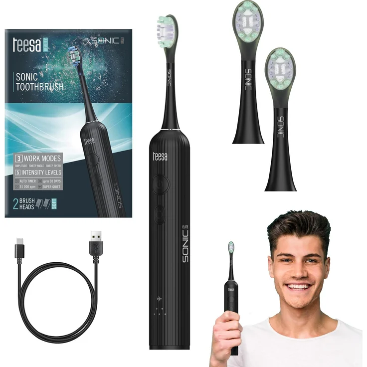 Teesa Sonic Elite Schallzahnbürste, Schwarz, mit 31.000 Pulsationen, 3 Reinigungsmodi und automatischer Abschaltung