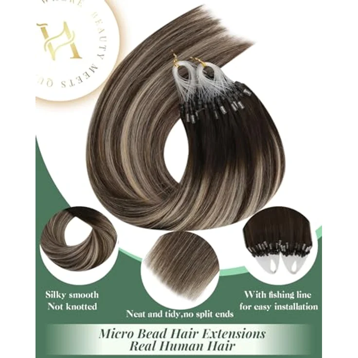 Ugeat Micro Ring Extensions Echthaar 35 cm, Aschblond Balayage Dunkelbraun Ombre, 50 Strähnen, 50g Remy Microring Glatt – Bild 2